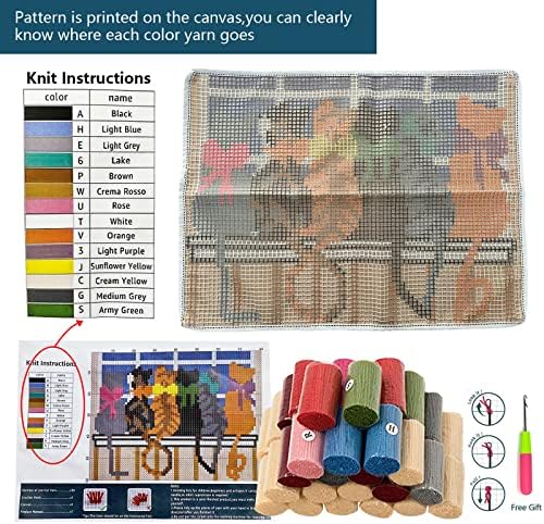 Kits de gancho de trava para adultos - Cats Padrão de canvas impressa Kits de fios de crochê de tapete DIY, bordando bordado de bordado criativo Decoração em casa, 20,5x15 polegadas