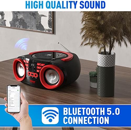 Pyle CD player portátil Bluetooth Boombox Speaker - AM/FM Rádio estéreo e som de áudio, suporta CD -R -R -RW/MP3/WMA, USB, AUX, fone de ouvido, exibição de LED, acionamento por AC/bateria, preto vermelho - phcd22.5