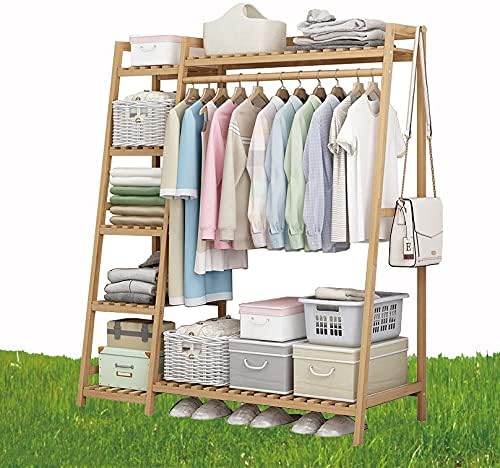 LJHSS 5 Tier Bamboo Rack, rack de roupas pesadas com prateleiras, organizador de plataforma de armazenamento multifuncional,