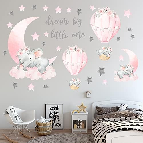 Dream elefante adesivos de parede rosa Lua de ar quente balão cinza estrelas decalques de parede estrelas de ar quente decorações de