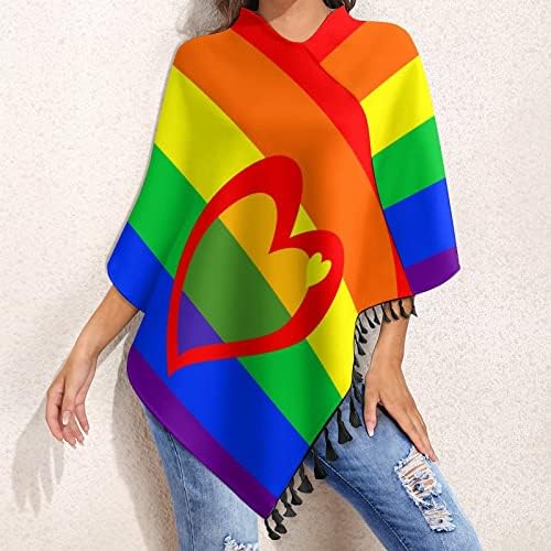 Bandeira do Pride LGBT ou bandeira do arco -íris de estilo retro de estilo feminino Cabo Shawls Poncho com borla