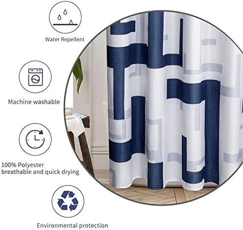 Cortana de chuveiro azul da Awellife Navy para banheiro moderno cortinas de chuveiro geométrico conjunto com ganchos brancos Hotéis Tecido de 72x72 polegadas