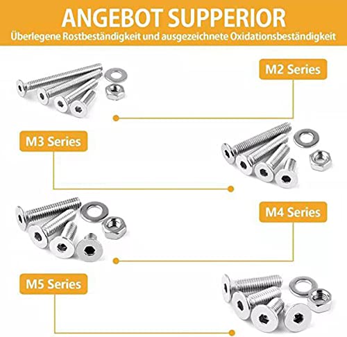 Parafusos de soquete hexadecimal 940pcs Conjunto de variedade de 304 parafusos de aço inoxidável kit parafusos de cabeça plana m2 m3 m4