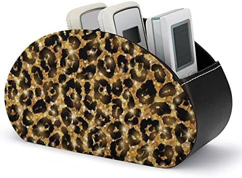 Leopard Glitter PU couro de couro TV Remoto Titulares Office Storage Box Desktop Organizador com 5 compartimento