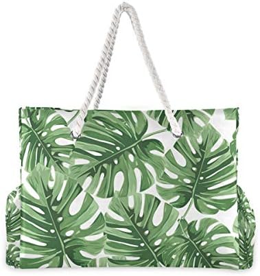 Alaza Tropical Palm Leaves Monstera grande bolsa de praia para mulheres bolsas de ombro reutilizáveis ​​com zíper com bolso