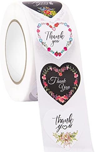 ARCEMAIN 1500 PCS Floral Agradecemos adesivos, adesivos em forma de coração Rolo de 1 polegada rolos para presentes, casamentos, brindes, chuveiros de noiva, festas, butiques e envelope