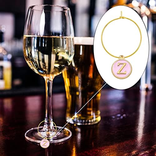Aylifu 52pcs redondo o esmalte rosa Charms de carta inicial e 60pcs 25 mm Golden Wine Glass Rings Drink Identifiers Marcadores