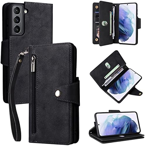 Caixa LbyzCase Galaxy S21, Caixa da carteira Samsung S21, Luxo Durável Luxo Premium Folio Flip Leather [bolso do zíper] [porta -cartas]