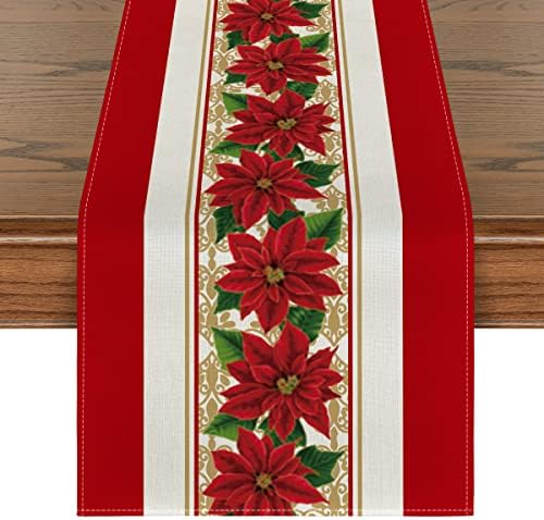 Modo ARTOID Aquarela Poinsettia Red Christmas Table Runner, Decoração sazonal de mesa de jantar de cozinha de Natal