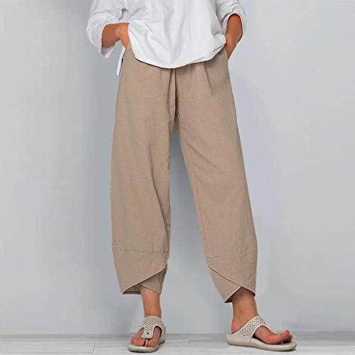 Calça de linho de algodão feminina cintura elástica de verão calças de praia de perna larga e relaxadas Fit Casual