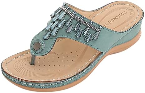 XIPCOKM Sandálias de cunha de strass feminino de verão clipe bohemian de pé de caça sandálias de sandálias com arco de suporte slides de praia