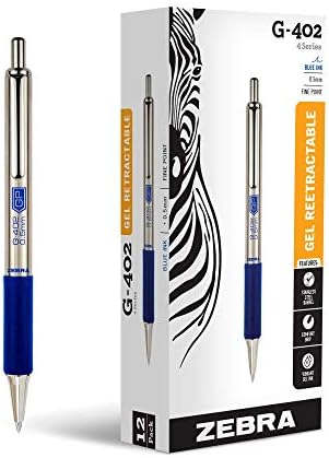 Caneta de gel retrátil de caneta zebra g-402, barril de aço inoxidável, ponto fino, 0,5 mm, tinta azul, 12 pacote