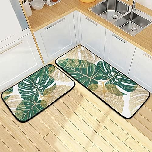 Exnundod Tropical Palm Leaves Cozinha tapetes Runner de piso Golden Green Leaf Anti Fadiga Non Slip Comfort tape