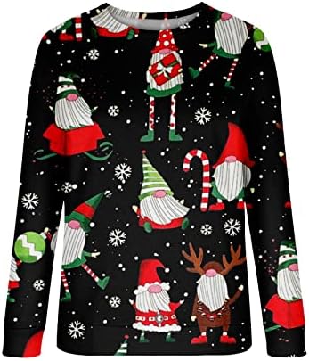 Camisas de Natal para Mulheres Papai Noel T-shirt de pescoço da tripulação com manga comprida gnome elf anão Patterne Tops casuais