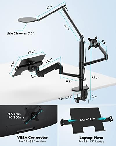 Viozon Monitor/Montagem da mesa de laptop com luz de anel de 7 LED, 3 cor e 5 brilho, proteção dos olhos, altura do braço da mola