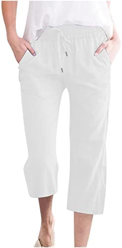 Calças Capri de cintura alta para mulheres calças de linho soltas casuais