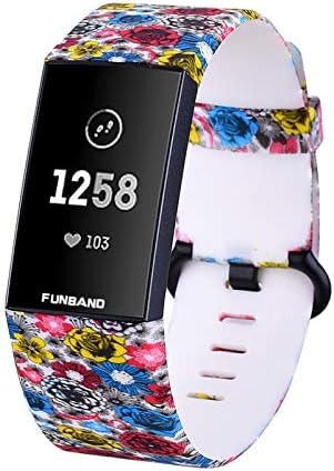 FunBand Compatível com Fitbit Charge 3/Charge 4 Bandas de alça, Patterno floral elegante exclusivo Impresso Soft Silicone Sport Ajustete de substituição ajustável para Fitbit Charge 3/Carga 4