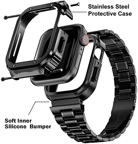 AMZNEW Apple Watch Band com estojo compatível para iwatch Ultra 8/7 6/5/4/se 3/2/1, bandas iwatch de aço inoxidável e para -choques