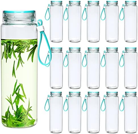 Garotadores de vidro de água de 14 onças, 16 embalagens de suco de vidro vazio garrafas com tampas, recipientes de bebida a granel