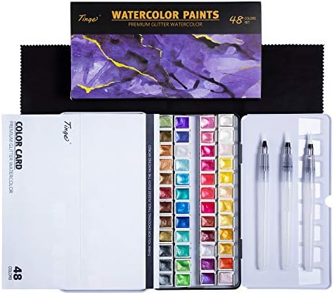 Tinge Artist Glitter Glitter Watercolor Tints, Half Pan 48 Cores, ajustado com 3 canetas de escova de água, cor de água sólida metálica, caixa de metal preto com paleta para artistas, estudantes e pintura para iniciantes