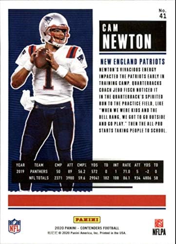 2020 Condigadores NFL Ticket 41 CAM Newton New England Patriots Cartão de negociação de futebol oficial por Panini America