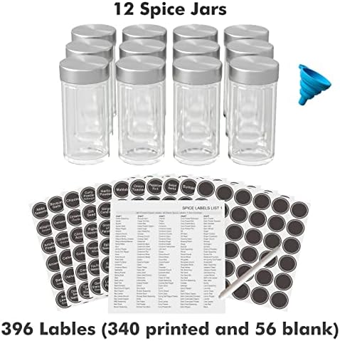 New England Stories Spice Rack Rack Set com 12 potes de especiarias, organizador de torre de especiarias de cozinha para bancada ou gabinete - armazenamento de carrossel inclui 386 rótulos de especiarias
