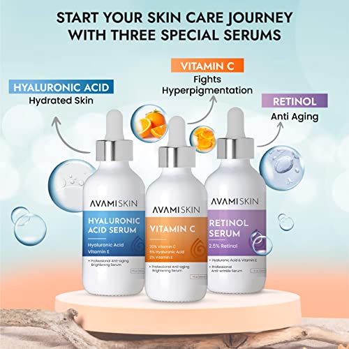 Conjunto de soro de 3 peças de pele Avami - kit de cuidados com a pele com soro de vitamina C, soro de ácido hialurônico e soro