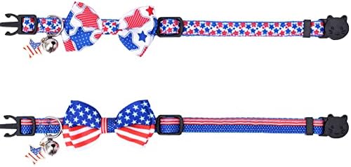 American Flag Cat Collar com Bell Bow Tie Star Breakaway Ajustável no dia 4 de julho do Dia da Independência