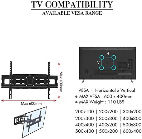 Suporte de parede de TV em aço inoxidável para a maioria das TVs curvas planas de 32 a 70 polegadas, parede de TV pequena de até 50 kg de altura de inclinação ajustável, max vesa 600x400mm