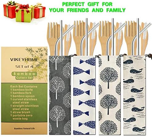 Utensílios de viagem Vikeyhome 4 Set Settings utensils de acampamento de bambu com faca de bambu, garfo, colher, utensílios portáteis