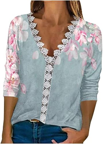 Camiseta elegante de verão para mulheres V Blatael de barra de renda de pescoço Impressão de borboletas 3/4 Mangas Tops Fashion Ladies Camisetas