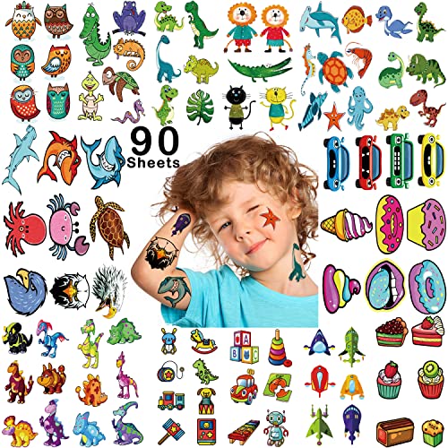 90 lençóis tatuagens temporárias à prova d'água para crianças meninos e meninas, dinossauros veículos de animais marítimos engraçados