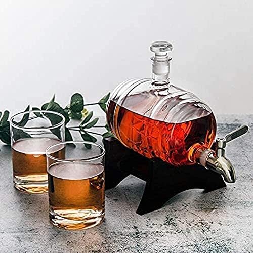 Whisky Decantador reutilizável de vidro de vidro decantadores de bebidas alcoólicas de 1000 ml de barra de barril de vidro em forma de barril de barril com moldura de madeira com moldura de madeira, 2 decantadores de bebidas alcoólicas de copo de vidro