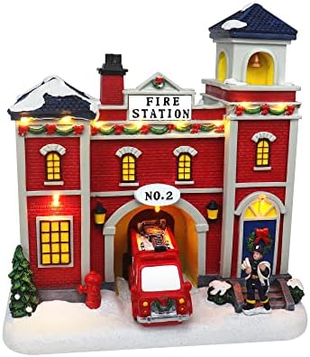 Corpo de bombeiros animados da aldeia de Natal - Pré -iluminar o prédio colecionável da vila musical - adição perfeita às suas