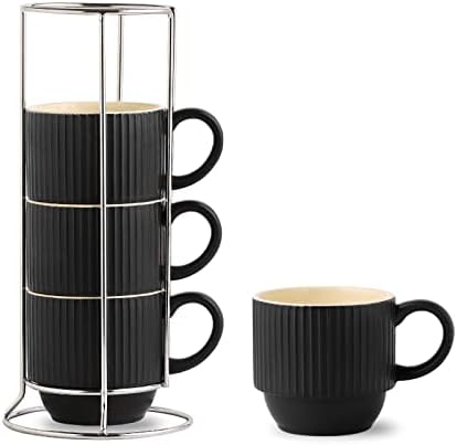 Conjunto de porcelana de caneca de café preta Hasense de 4 com rack - 12 oz de xícaras de café empilhável Cerâmica,