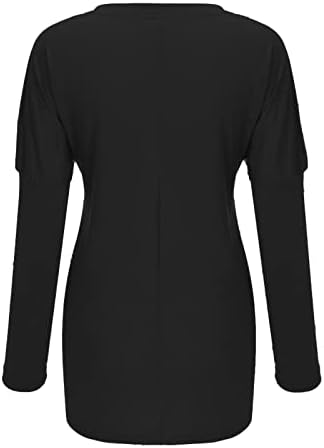 Camisa de pulôver de manga comprida Batwing para mulheres bolsos de retalhos de colorido de cor de cor sólida Crew