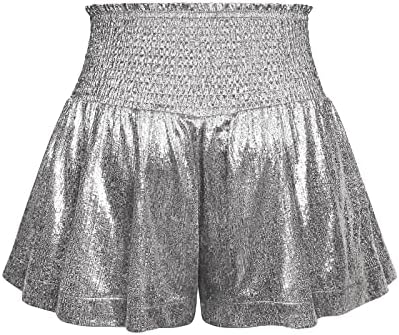 Yongans shorts brilhantes para mulheres elásticas de verão RUFFLES GLITTER GLITTER GLITTER CASUAL PALAZZO SHORTS PALAZZO DE PALAZZO LONOS