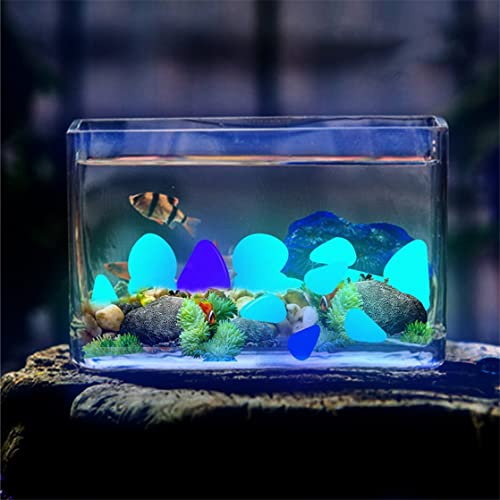 AMZFLYLY 300 PCS brilhando pedras de seixos artificiais para passarelas/bonsai/decoração externa/tanque de aquário/peixes, pedras de cascalho decorativas DIY, ornamentos, seixos luminosos cor azul
