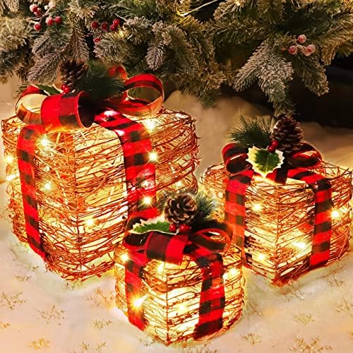 [Extra grande 10 -8 -7 ] 3 pacote de Natal Caixas de presente iluminadas de Natal Decorações Prelit 60 LED Plug na caixa branca quente
