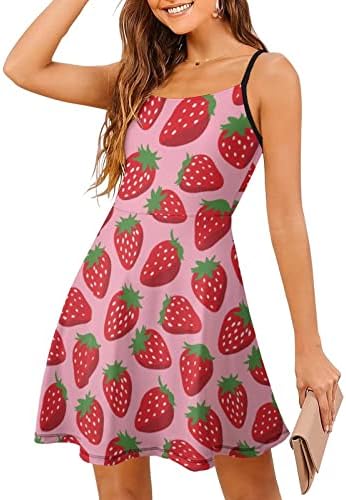 Vestido de deslizamento de morango doce para mulheres sem mangas vestidos de tanque ajustável Mini Sundress