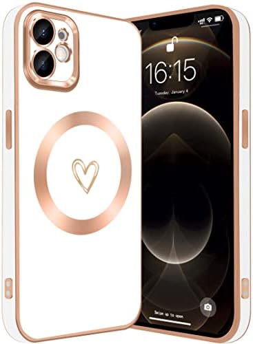 YKCZL Compatível com iPhone 12 Case Magnetic e Luxury Plating Cheart Heart Full Camera Lens Protection Case para iPhone 12 para mulheres