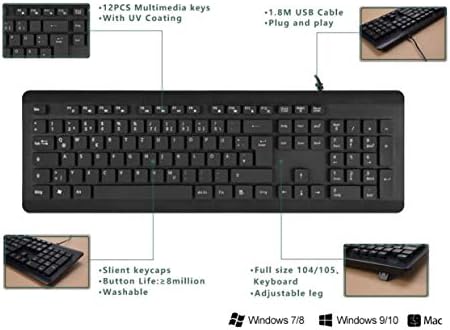 Teclado de onda de caixa compatível com Dell Latitude 5421 - Teclado aquaproof USB, teclado USB de água à prova d'água lavável para Dell Latitude 5421 - Jet Black