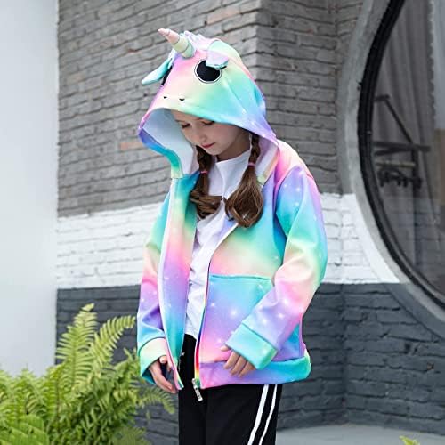 Nidoul Kid Girls zípeira com casaco de capuz unicorn Rainbow Sweatshirt com bolsos