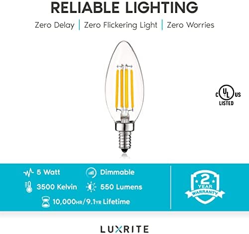 Luxrite Vintage Candelabra LED Bulbo 60W equivalente, 550 lúmens, 3500k Branco natural, lâmpadas lustres lideradas Bulbos 5W, Dimmable, Glass Clear, lâmpadas de vela LED de filamento, UL listado, E12 Base