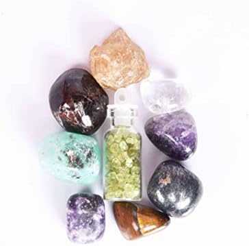 Pedras naturais de pedras de reiki cura e cura de cristal Tolas de pedra 7 PCs Tumble, 1 PCS Rough, 1 chips Bottle Bottle