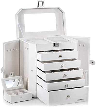 B-AIMS Caixa de jóias extra grande/Organizador/Case Couro Faux com pequena caixa de viagem espelho de espelho para bracelete