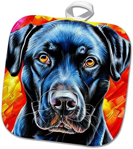 3drose Black Labrador Retriever cachorro em casa de arte digital vermelha e amarela. - Potholders