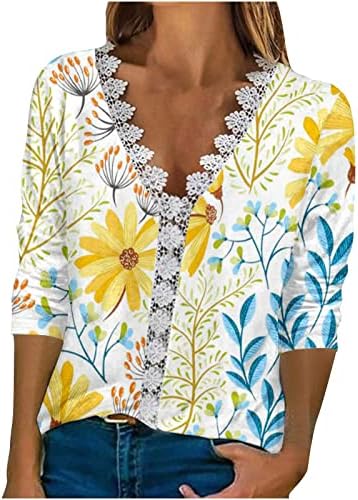 Túnica casual para mulheres vestidos vases de pescoço de arco de renda camiseta moderna estampada floral 3/4 mangas blusa camisas