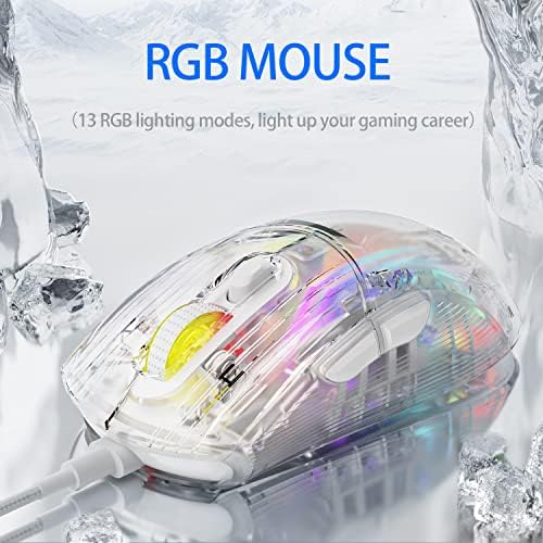 Mouse de jogos para PC com Wired HXSJ com iluminação transparente de CROMA 3D RGB, 1.2800 max dpi alta precisão,