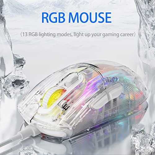 Mouse de jogos para PC com Wired HXSJ com iluminação transparente de CROMA 3D RGB, 1.2800 max dpi alta precisão, design ergonômico de múltiplos botões, camundongos de computador com fio para Windows/Mac, PC, PS5, laptop, White-X400